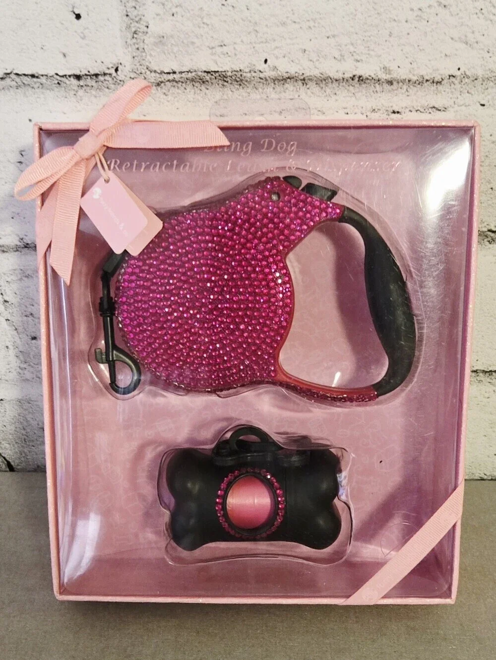 Furry Friends Pink Rhinestone Retractable Dog Leash Waste Bag Dispenser Set